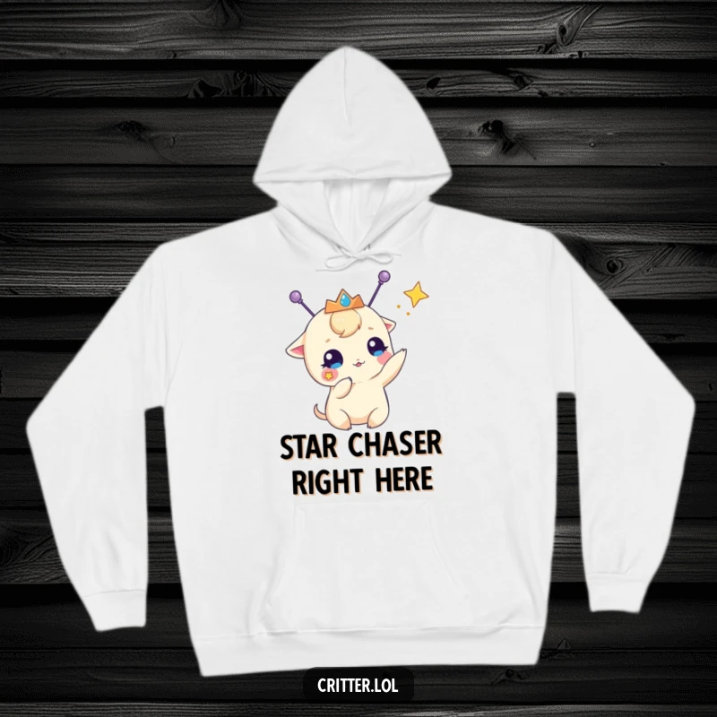 Funny hoodie showing a creature with antennae and a tiara, playfully reaching for a star, designed for ultimate cozy, humorous comfort.