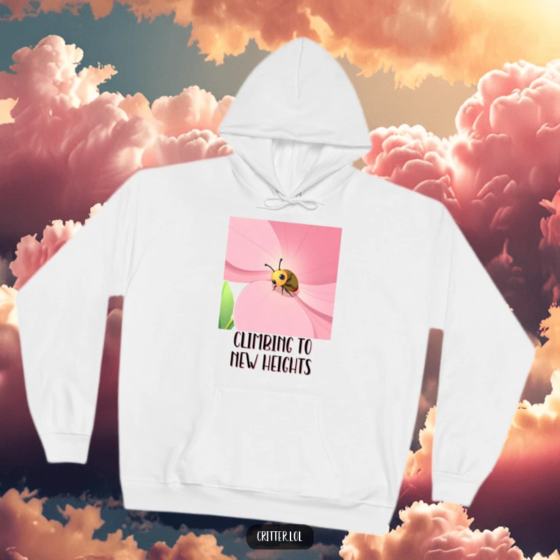 Funny hoodie featuring a small beetle character boldly climbing a colossal flower petal, designed for warmth and humorous enjoyment.