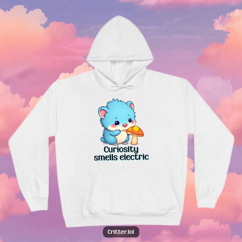 Funny blue furry critter with antennas sniffing a glowing mushroom, printed on a cozy hoodie, perfect for a funny gift.