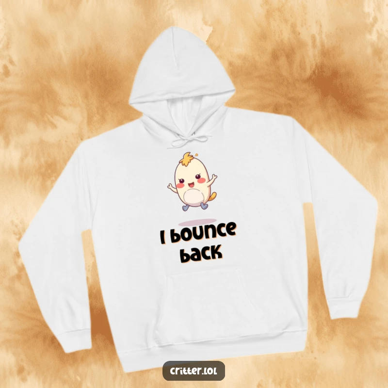 Funny hoodie with a bouncy creature and rubbery legs hopping with amusement, a warm and funny gift.
