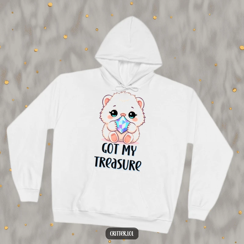 Funny hoodie featuring a fluffy animal tightly hugging a vibrant, shimmering gem, symbolizing warmth and affection.