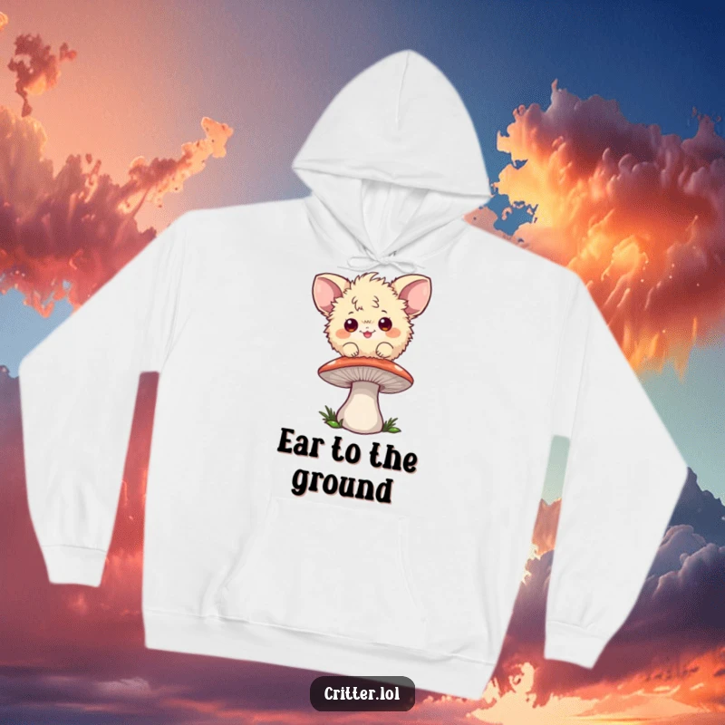 Funny hoodie showing a playful fuzzball with large ears happily bouncing on a mushroom, ideal for cozy fun.