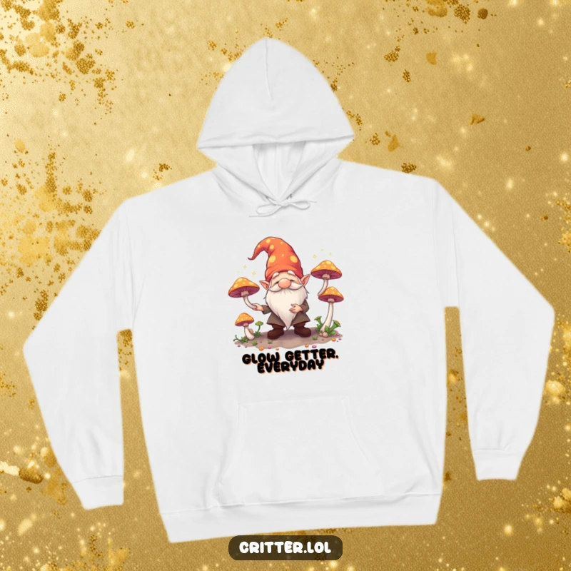 Funny hoodie featuring a jovial gnome enthusiastically juggling glowing mushrooms, creating a cozy and magical atmosphere.