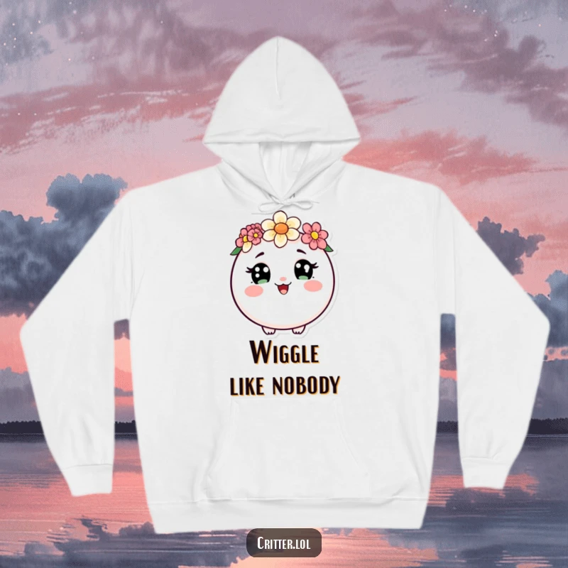 Funny hoodie showcasing a round critter with curious eyes and a flower crown, doing a happy wiggle, designed for ultimate cozy charm.