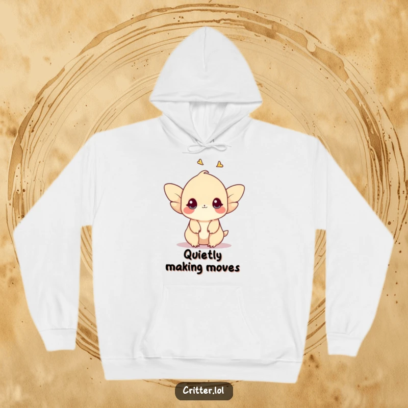 Funny hoodie featuring a shy creature with small wings fluttering upwards, providing cozy comfort and subtle humor.