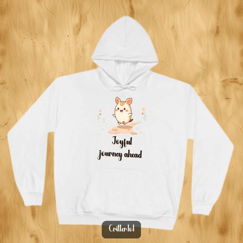 Funny Critter Hoodie: A round, ecstatic critter skips merrily down a pathway, offering a warm and funny wear for chilly days.