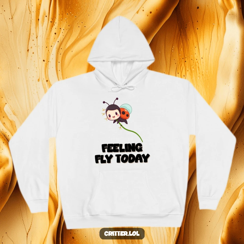 Funny ladybug hoodie with a tiny, gleeful character riding a flying dandelion seed, perfect for cozy, humorous, and nature-themed attire.