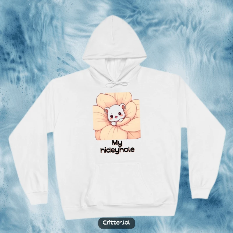Funny critter hoodie featuring a shy critter peeking from behind a flower petal, perfect for cozy, cute wear.