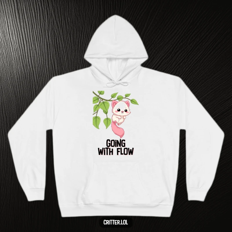 Funny hoodie illustration of a fuzzy critter with a long tail smoothly sliding down a leafy vine. A cozy and humorous apparel choice.