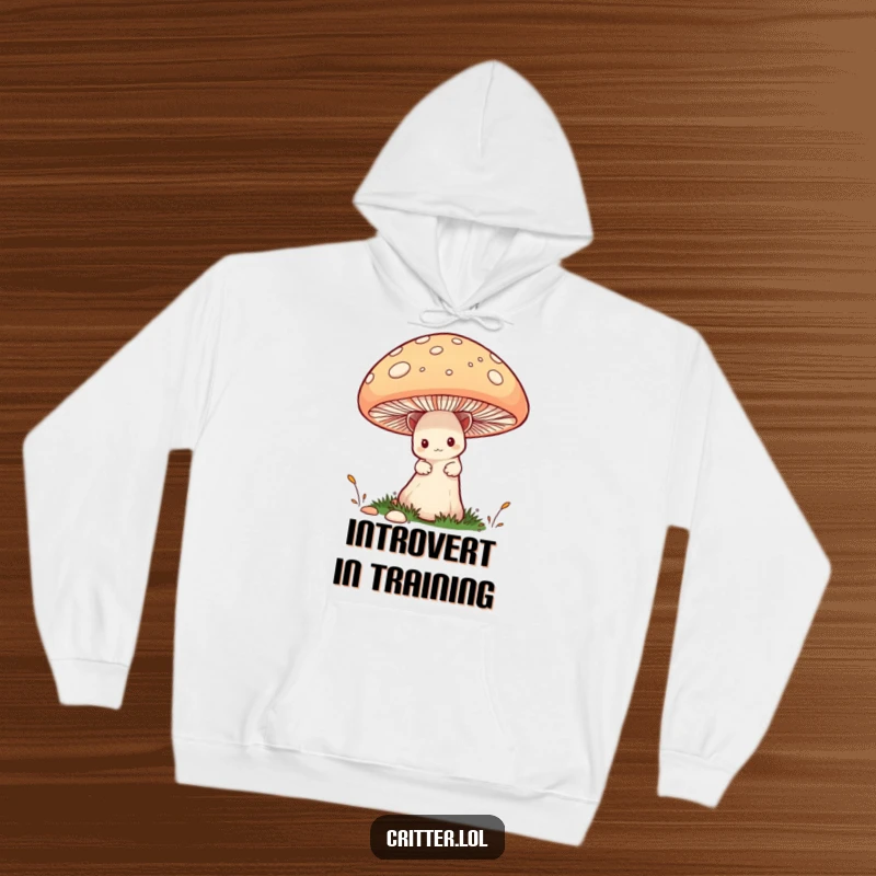 Funny Critter Hoodie: A bashful critter cautiously observes the world from behind a whimsical giant mushroom, a soft and funny wearable meme.