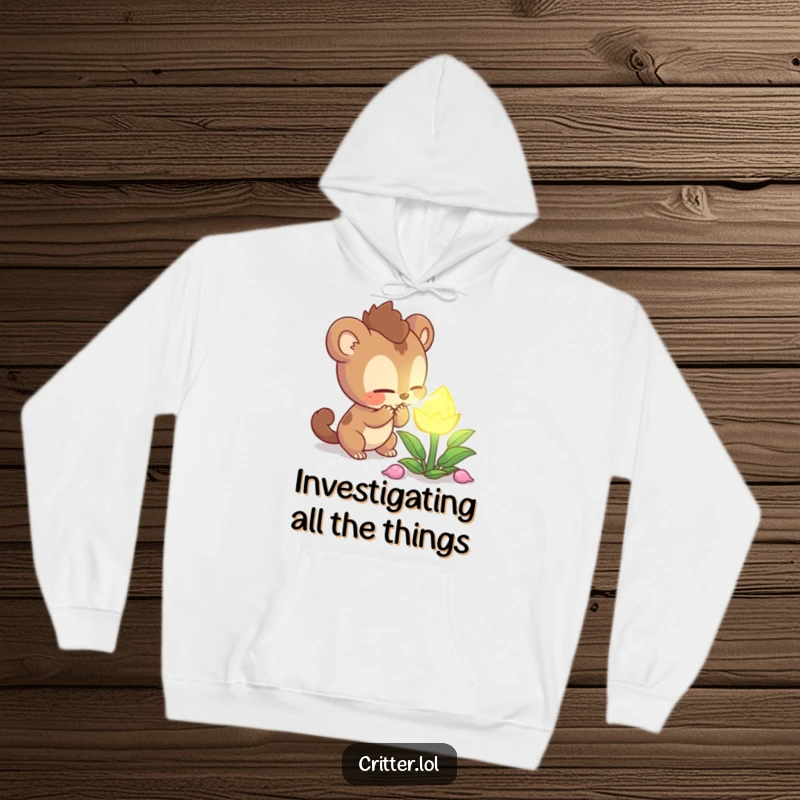 Funny curious creature character intently sniffing a mysterious glowing plant on a warm hoodie, ideal for cozy explorations, a perfect funny gift.