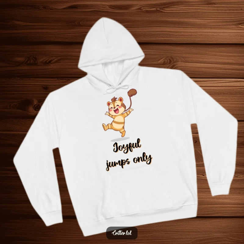 Funny hoodie with a bushy-tailed striped creature leaping with pure joy, offering warmth and amusement.