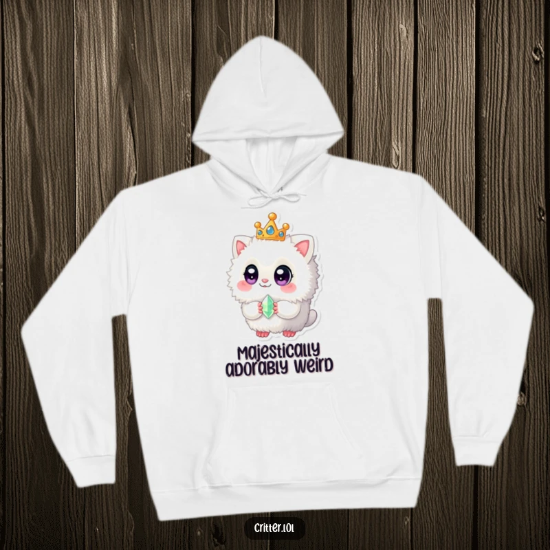 Funny hoodie featuring a fluffy creature with large eyes, wearing a regal crown and holding a tiny gem, offering cozy charm.