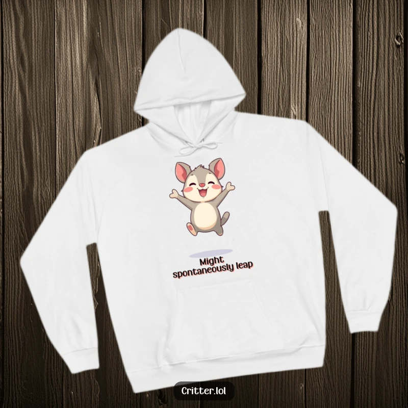 Funny bouncing critter character making exaggerated joyful leaps on a warm hoodie, embodying comfort and playful energy, a perfect funny gift.