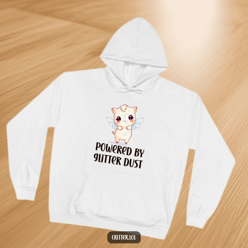 Funny Hoodie depicting a small fairy creature with tiny wings dancing, surrounded by magical sparkles, offering comfort and joy.