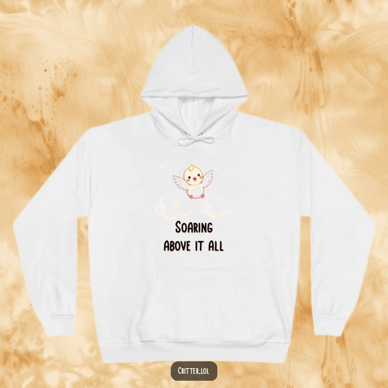 Funny hoodie featuring a winged critter joyfully soaring through fluffy clouds, offering warmth and a sense of carefree adventure.