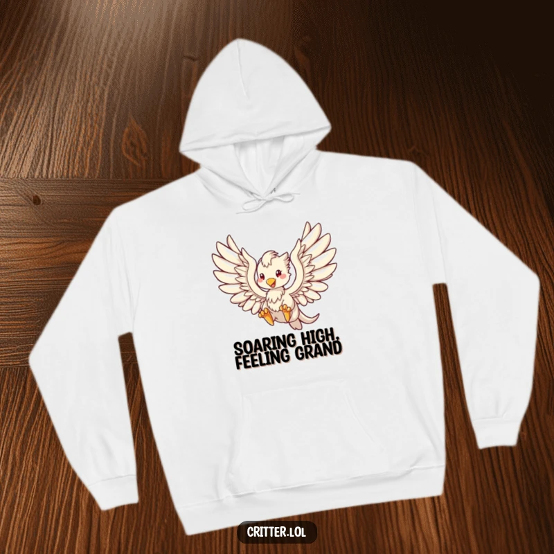 Funny hoodie showcasing a magnificent griffin in full flight, its wings spread wide against a backdrop of clouds.