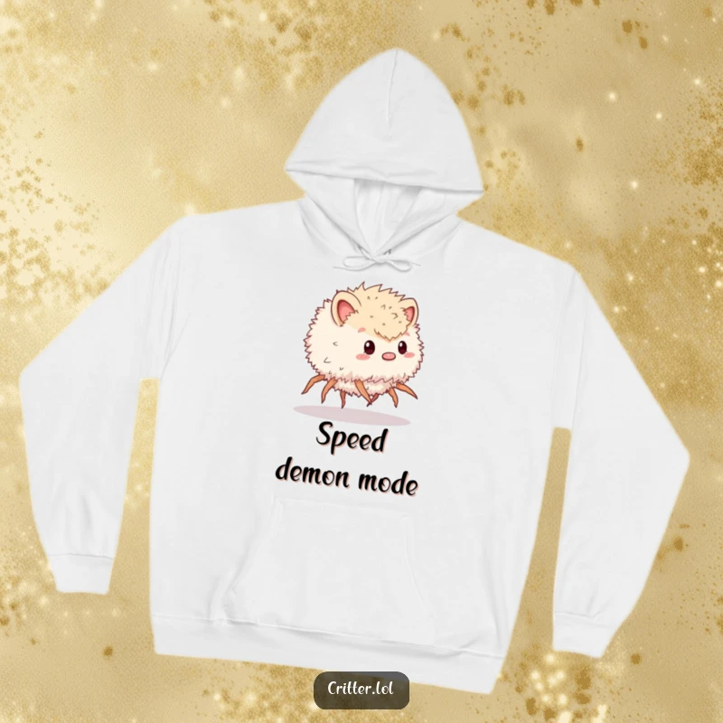 Funny hoodie featuring a fluffy, multi-legged critter in a fast scurrying motion, offering warmth and a humorous design.
