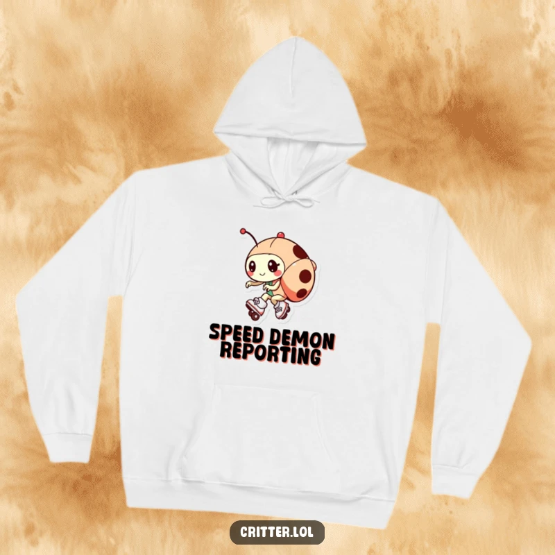 Funny hoodie featuring a cute ladybug on tiny roller skates, designed for warmth and humorous, speedy vibes.