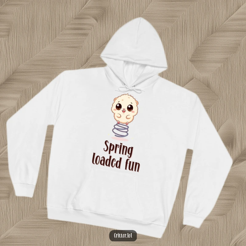 Funny hoodie featuring a small, fuzzy creature with large, excited eyes, energetically bouncing on a metal spring.