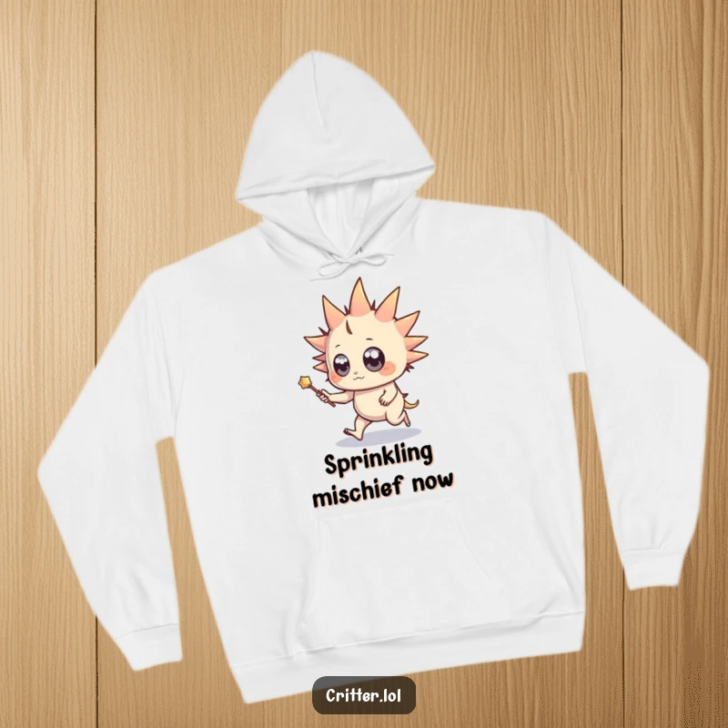 Funny hoodie showcasing a spiky creature with wide eyes and a wand, caught in a joyful skip, offering warmth and magical fun.