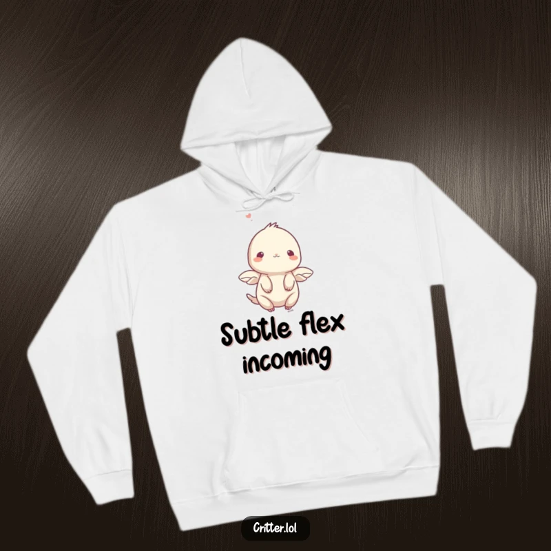 Funny hoodie with a shy creature and small wings fluttering upwards, a warm and funny gift.