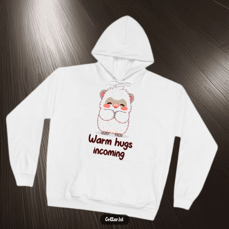 Funny hoodie depicting a miniature yeti giving an enormous, warm, fuzzy hug, radiating happiness and coziness.