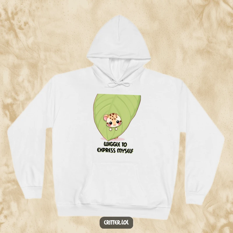 Funny shy spotted critter peeking from behind a leaf, wiggling, featured on a comfy hoodie, offering subtle humor.