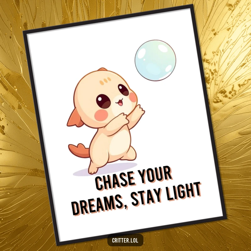 Funny free printable wall art of a playful creature character joyfully attempting to catch a shimmering floating bubble.