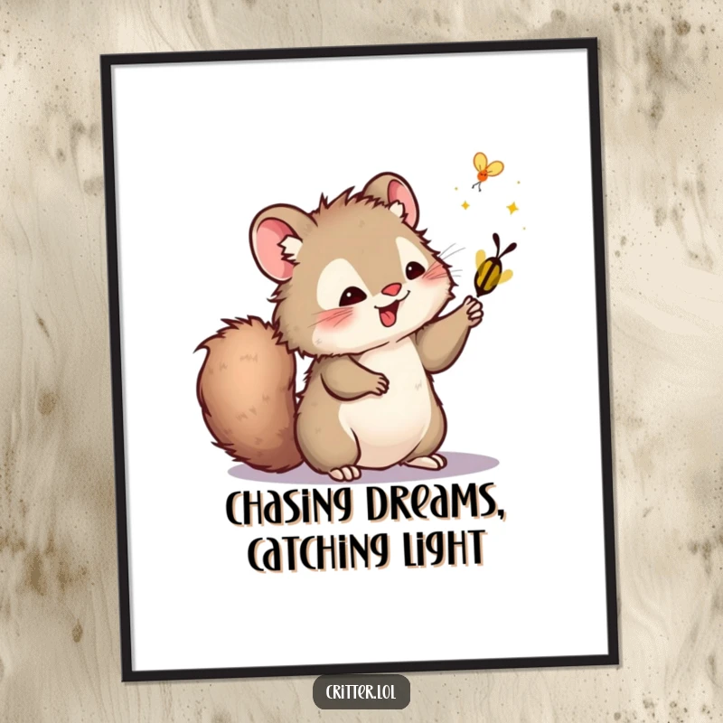 Funny Free Printable Wall Art: A furry critter with a bushy tail playfully swatting a firefly, a whimsical night scene.