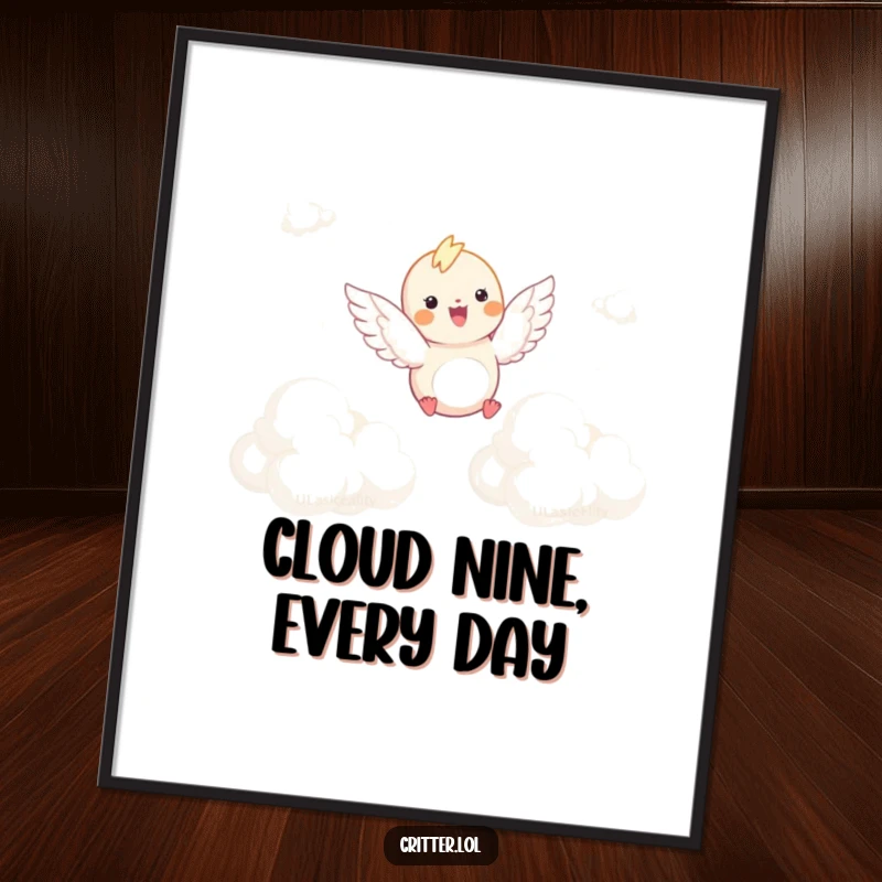 Funny Free Printable Wall Art: Winged critter joyfully soaring through fluffy clouds, whimsical decor, downloadable art, print at home