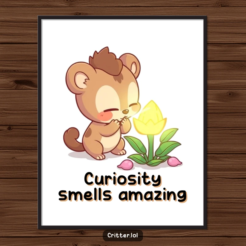 Funny Free Printable Wall Art: Curious creature sniffing a mysterious glowing plant with wide eyes, exploring the unknown, humorous downloadable art.