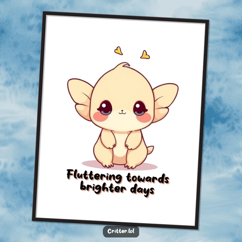 Funny Free Printable Wall Art: A shy creature with small wings fluttering upwards, depicted in a serene, almost magical ascent.