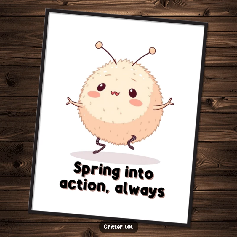 Funny Free Printable Wall Art: A round, furry creature with antennae bouncing playfully on springy legs, radiating joy and whimsy.