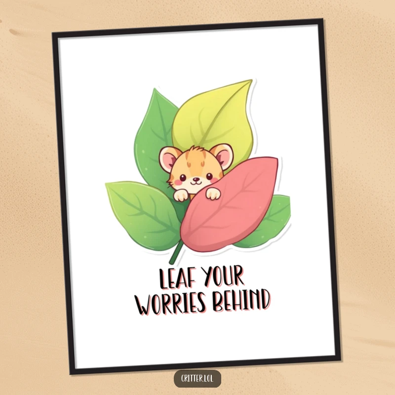 Funny Free Printable Wall Art: A shy critter peeking from behind a large, vibrant leaf, adding a touch of mystery.