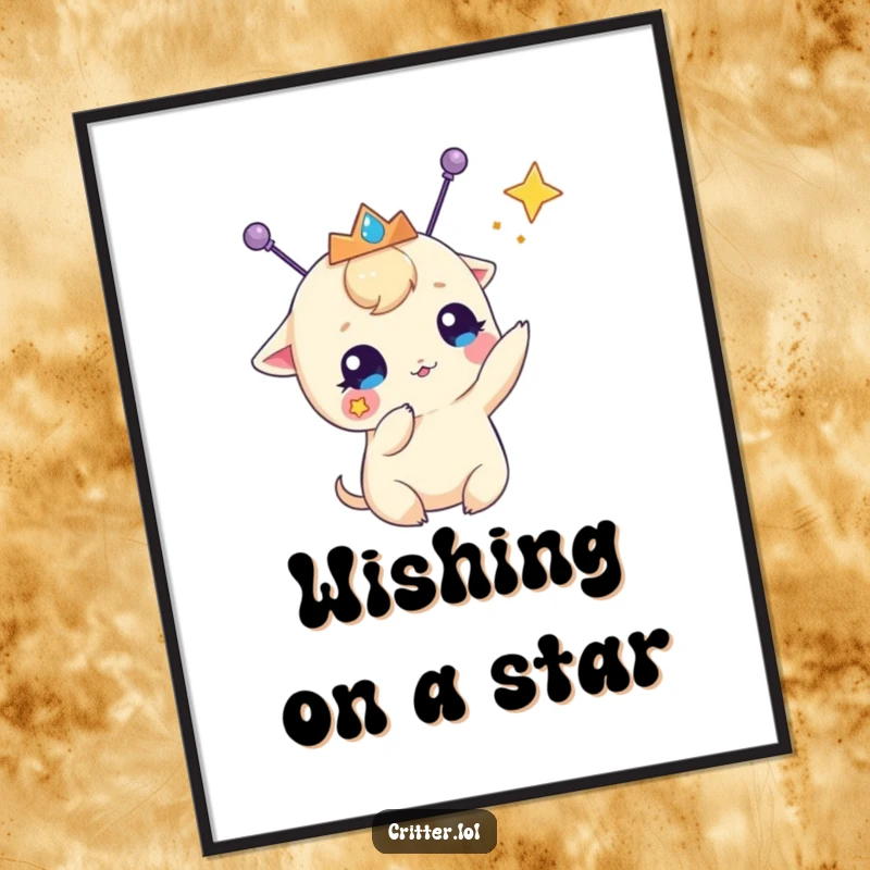 Funny Free Printable Wall Art: Small alien with antennae and tiara playfully hitting a star, DIY decor.