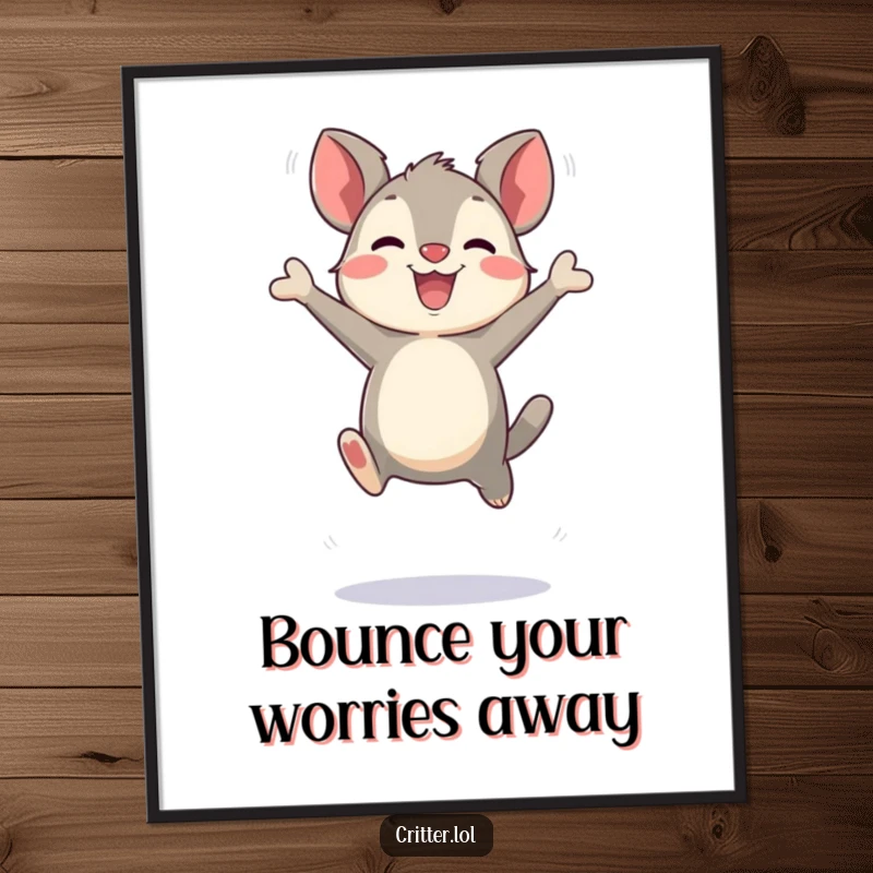 Funny Free Printable Wall Art: Bouncing critter captured in exaggerated joyful leaps, radiating happiness, humorous downloadable art.
