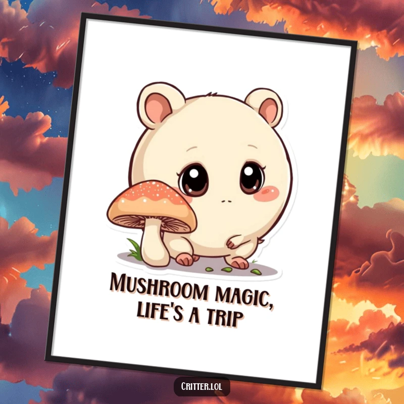 Funny Free Printable Wall Art: A round critter with big eyes curiously sniffing a mushroom, a magical scene.
