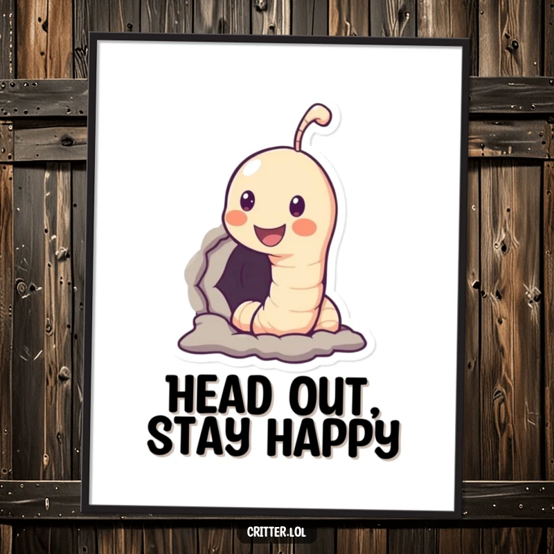 Funny Free Printable Wall Art: Smiling worm peeking out from a small hole, a humorous and endearing piece for your walls.