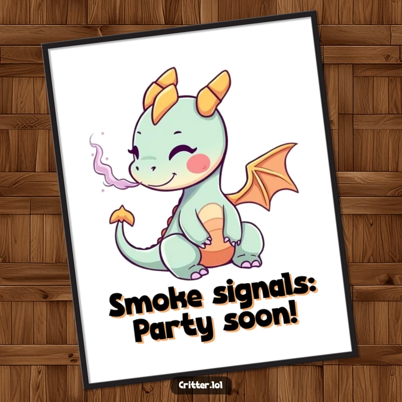 Funny Free Printable Wall Art: A cute tiny dragon exhales a vibrant, magical cloud of colorful smoke.