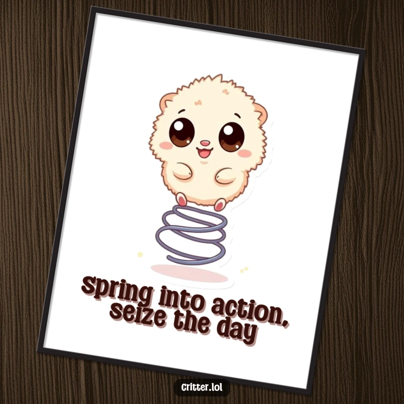 Funny Free Printable Wall Art of a small, fuzzy creature with large eyes happily bouncing high on a spring.