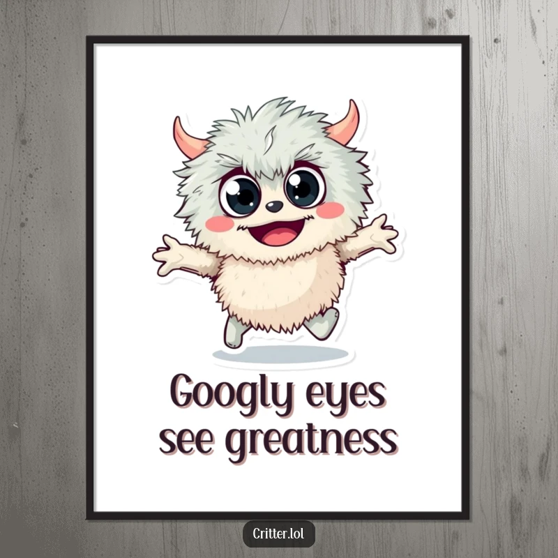 Funny Free Printable Wall Art: A fuzzy monster with googly eyes skipping joyfully, adding whimsical energy to decor.