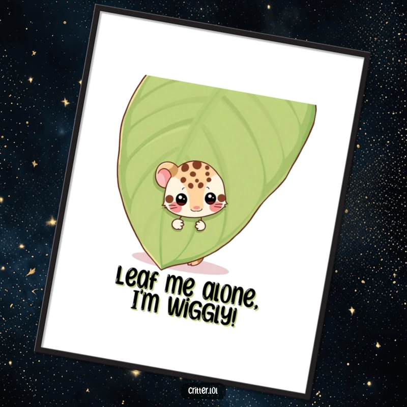 Funny Free Printable Wall Art: A shy spotted critter peeks from behind a giant leaf, wiggling playfully.