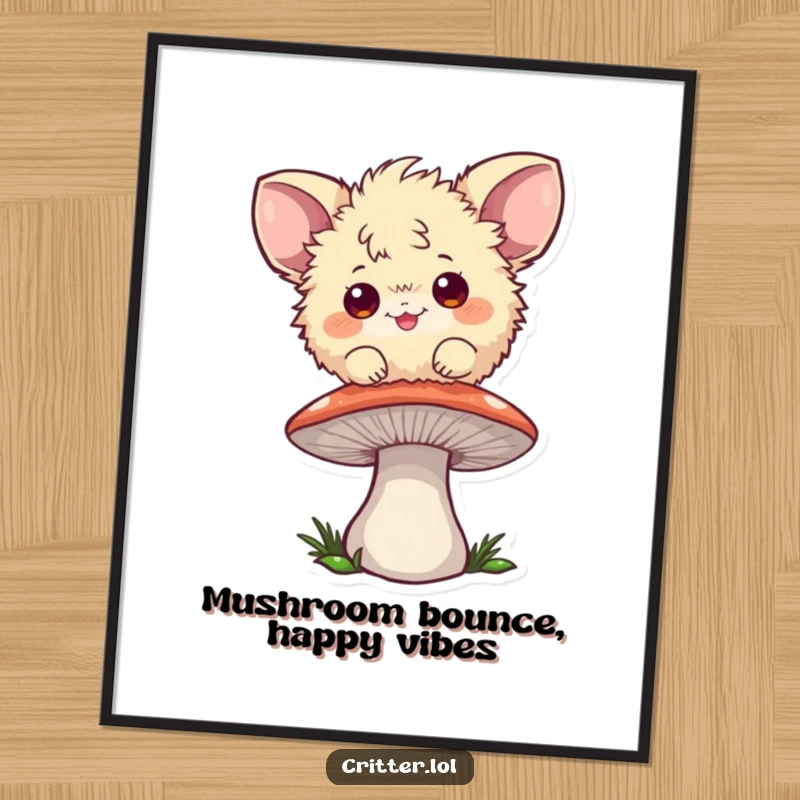 Funny Free Printable Wall Art: Playful fuzzball with big ears bouncing on a mushroom, energetic and whimsical decor, downloadable art.