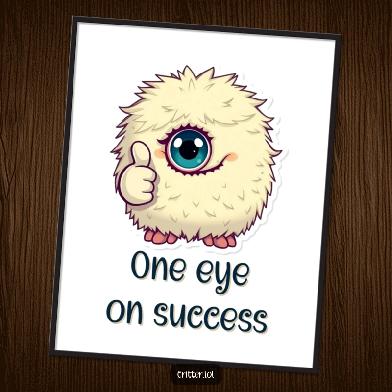 Funny Free Printable Wall Art: Tiny fluffy monster with one eye giving a thumbs up, quirky and cheerful decor, downloadable art.