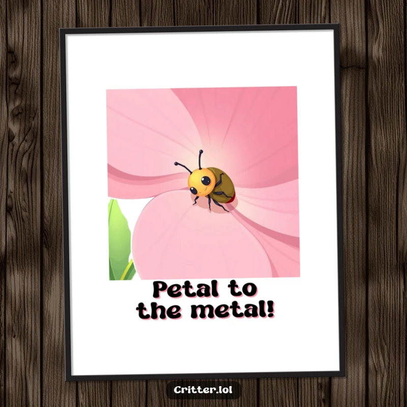 Funny Free Printable Wall Art: Curious beetle determinedly climbing a giant flower petal, a humorous scene for your walls.
