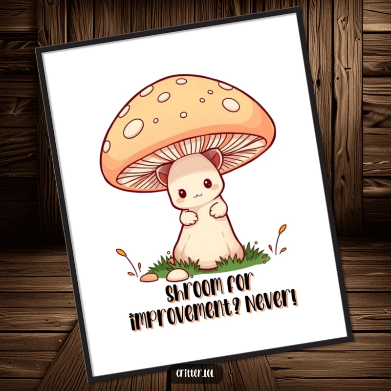 Free Printable Wall Art: Shy critter peeking from behind a giant mushroom, creating a humorous and charming scene.