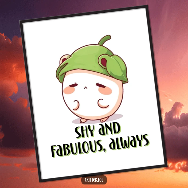 Funny Free Printable Wall Art: Shy, round critter with leaf hat peeking out, cute and whimsical decor, downloadable art.