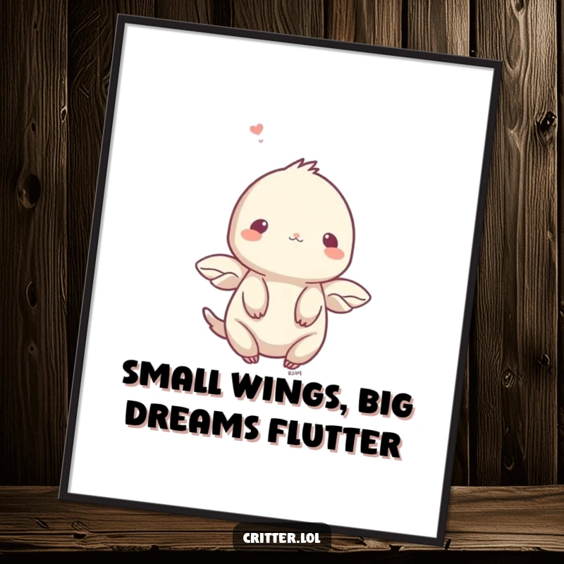 Funny Free Printable Wall Art: Shy creature with small wings fluttering upwards, creating a dreamy atmosphere.