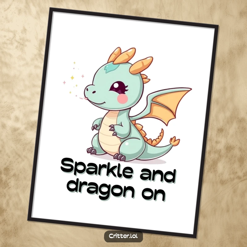 Funny Free Printable Wall Art: A tiny dragon exhaling a puff of sparkly smoke, creating an enchanting, playful atmosphere.